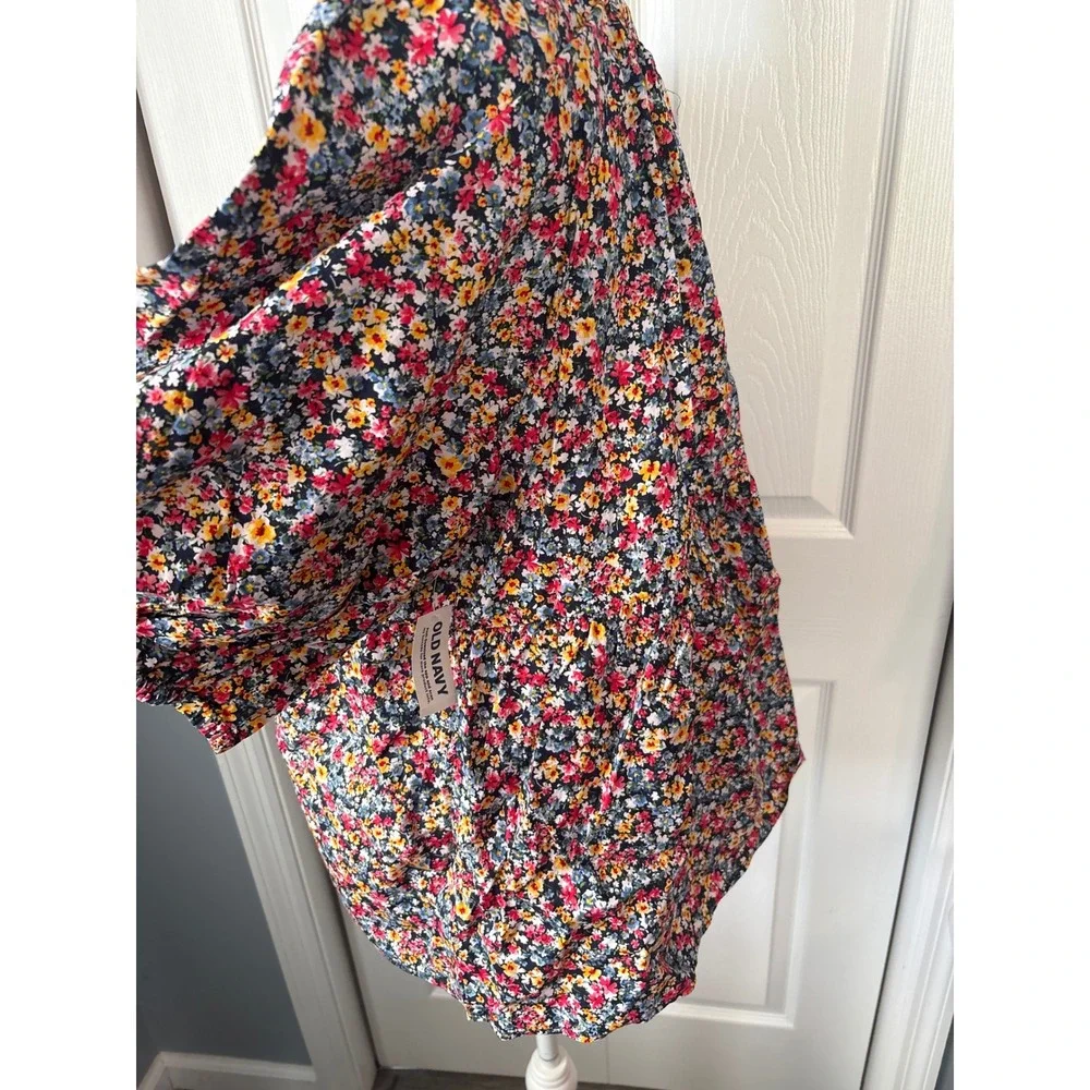 Old Navy Womens XL Tall Floral Babydoll Peplum Top Puff Sleeve Navy Blue Multi